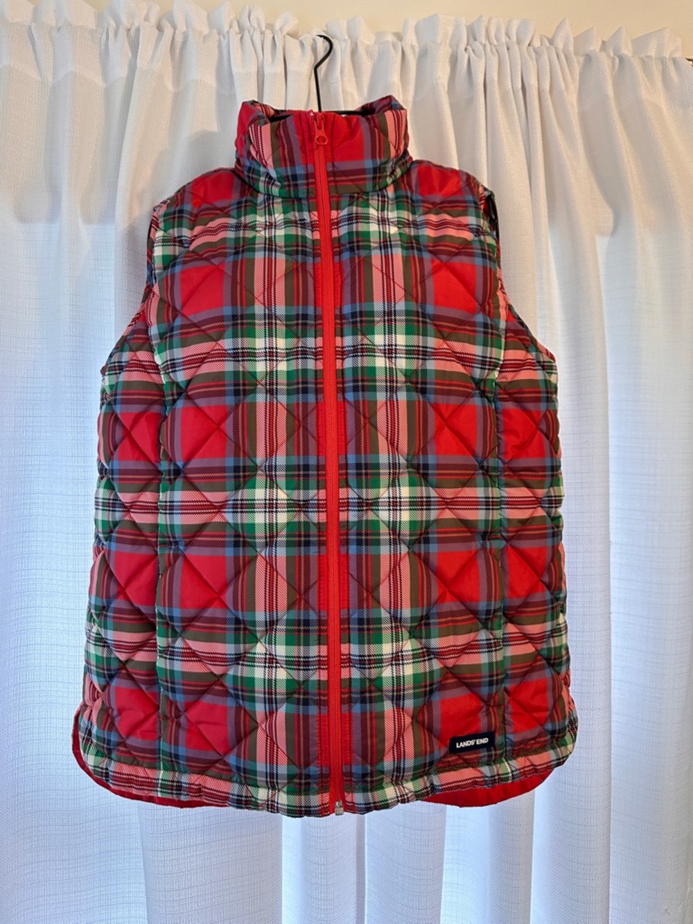 Lands' End Red & Green Plaid Quilted Puffer Vest